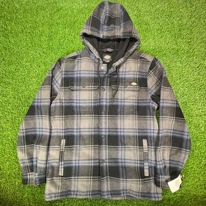 Dickies Jacket Mens Medium Gray Plaid Hooded fleece Flannel Lined Shacket Hoodie